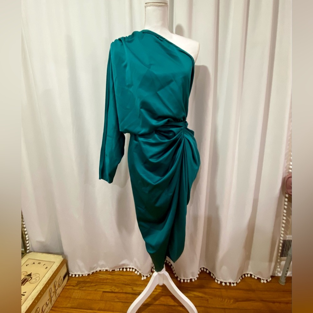 Teal Blue Ruched Asymmetrical Satin Dress
